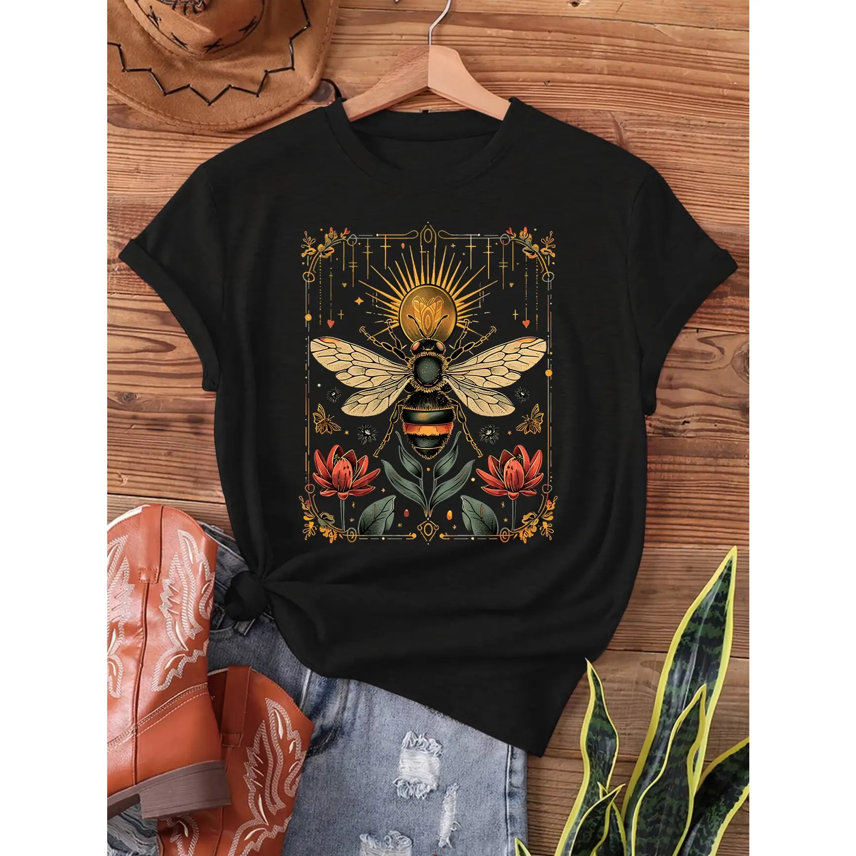 Mystical Honeybee Boho Graphic Tee – Golden Sunburst Bee With Lotus Flowers & Sacred Geometry Border, Dark Cottagecore Aesthetic Cotton Shirt, SummerVibes Ideal Gift For Nature Lovers, Best Festival & Concert Outfit