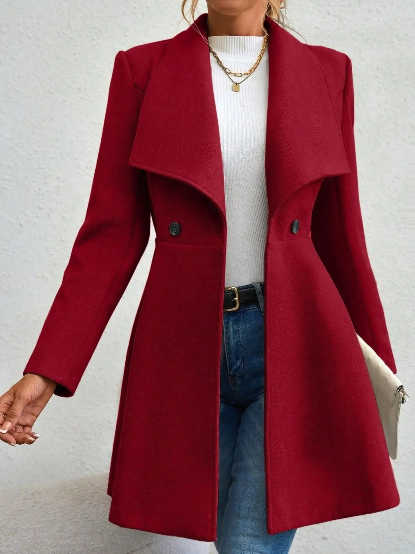 Women's Large Lapel Double Button Coat, Waist-Cropped Medium-Length Jacket, Elegant Fashion Outerwear for Autumn Winter