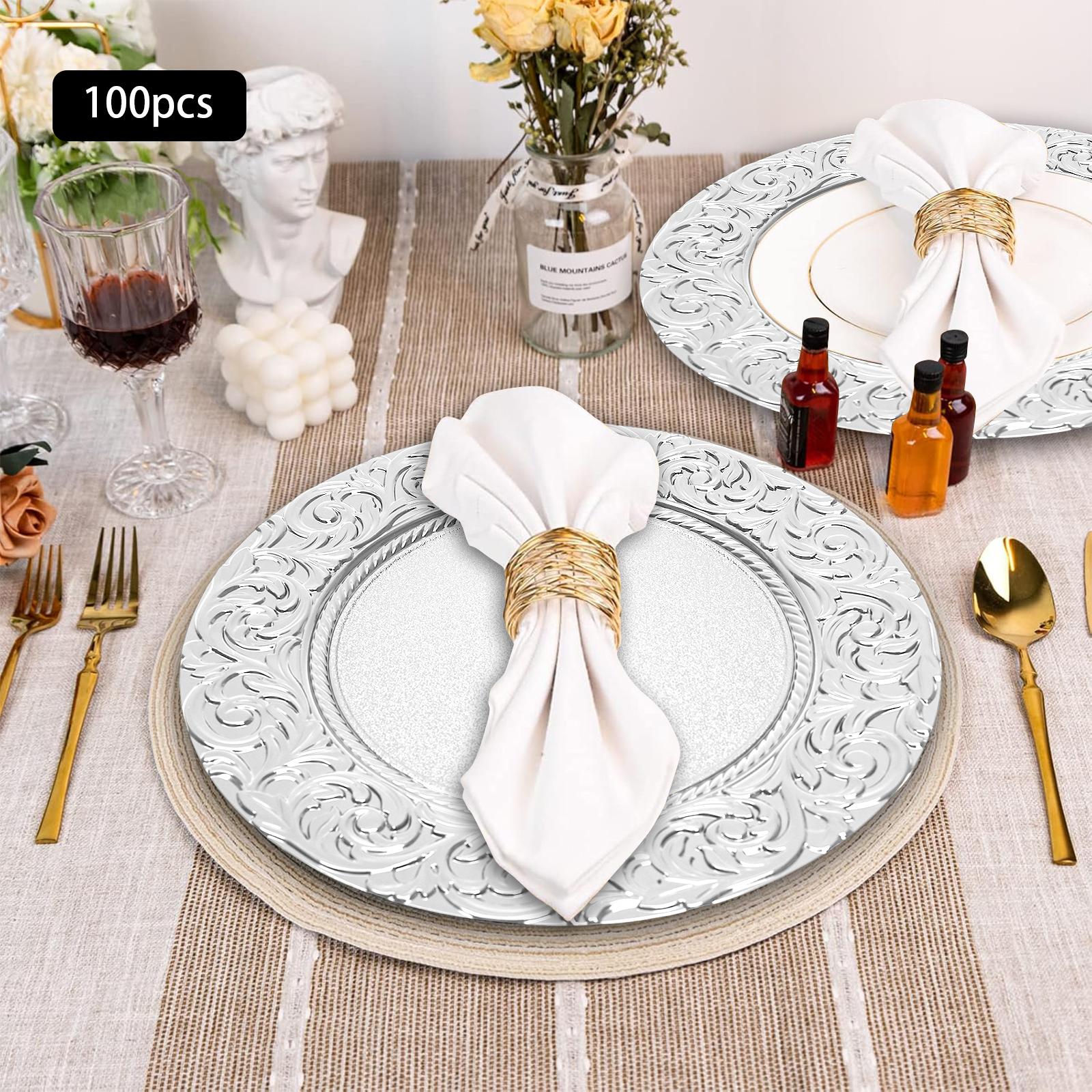 100 Pcs Gold/Sliver/Green/Black Charger Plates Set 13 Inch Round Plastic Serving Trays Reusable for Wedding Banquet Party Decorations