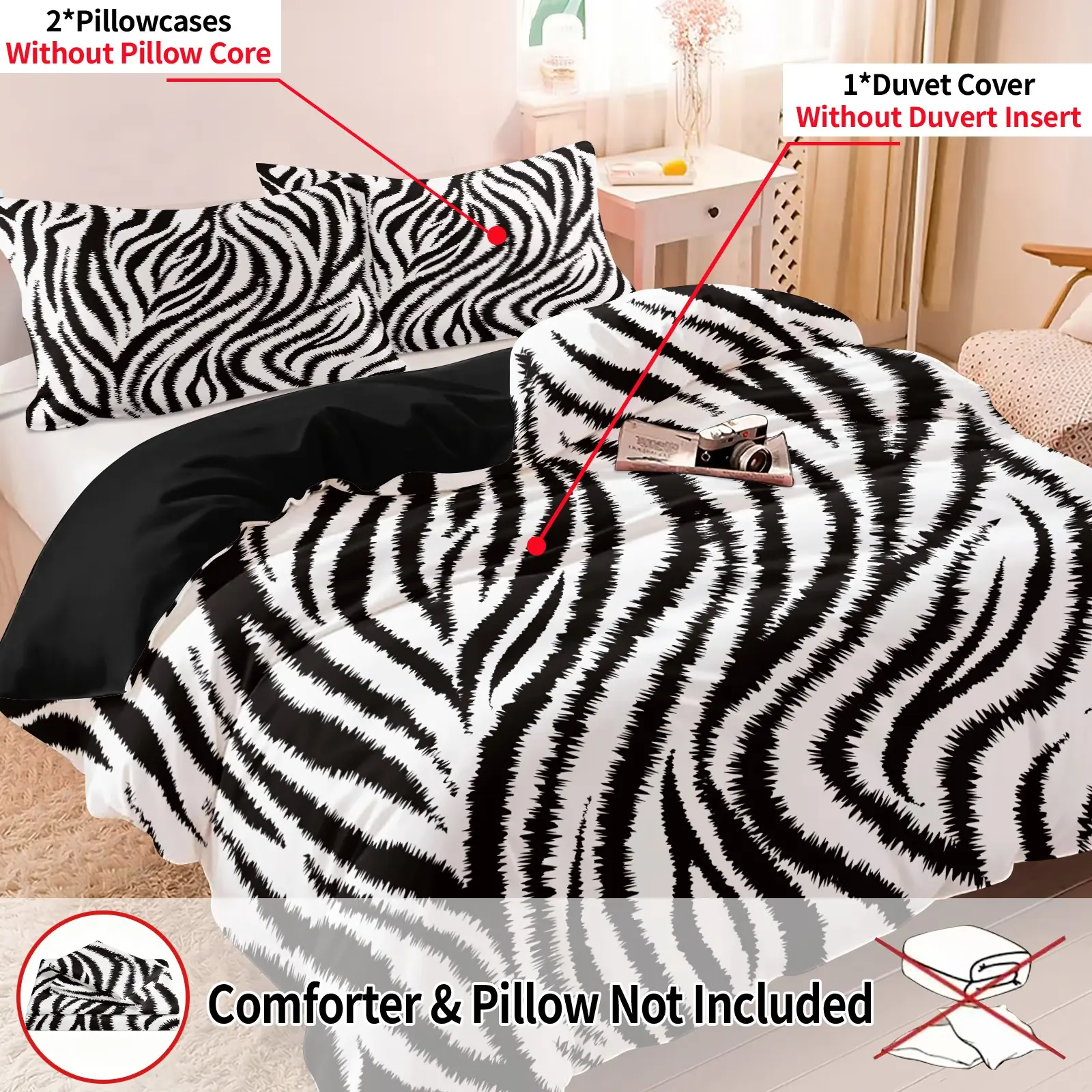 3pcs Black and White Zebra Print Bedding Set, Printed Bedding Set, Soft Microfiber Duvet Cover Bed Set, Wrinkle Resistant & Non-Fading, Room Decor (Includes 1 Duvet Cover and 2 Pillowcases,No Comforter