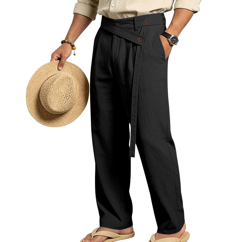 Men's 2026 Spring Summer Plain Linen-Cotton Fabric Wide Leg Trouser, Irregular Cross Buckle Waist, Loose Fit for Big-Tall Menswear, Ideal for Beach Vacation & Daily Commute (Polyester-Blended Option Available)