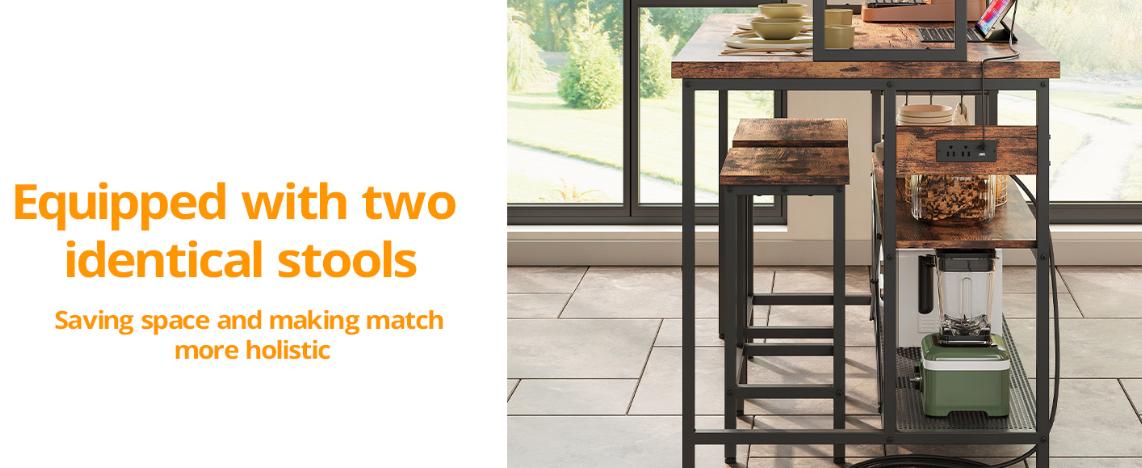 IRONCK Kitchen Island with 2 Stools, Bakers Rack with Power Outlet, Large Kitchen Island Table with Shelves, Coffee Bar Table Set for Kitchen Dining Room, 10 Hooks