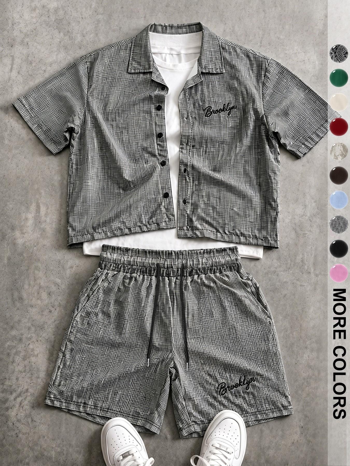 Men's Plaid Print Shirt & Drawstring Waist Shorts Set, Casual Comfortable Slim-Fit Top & Shorts for Daily Wear, Trendy Summer Wear, Clothes