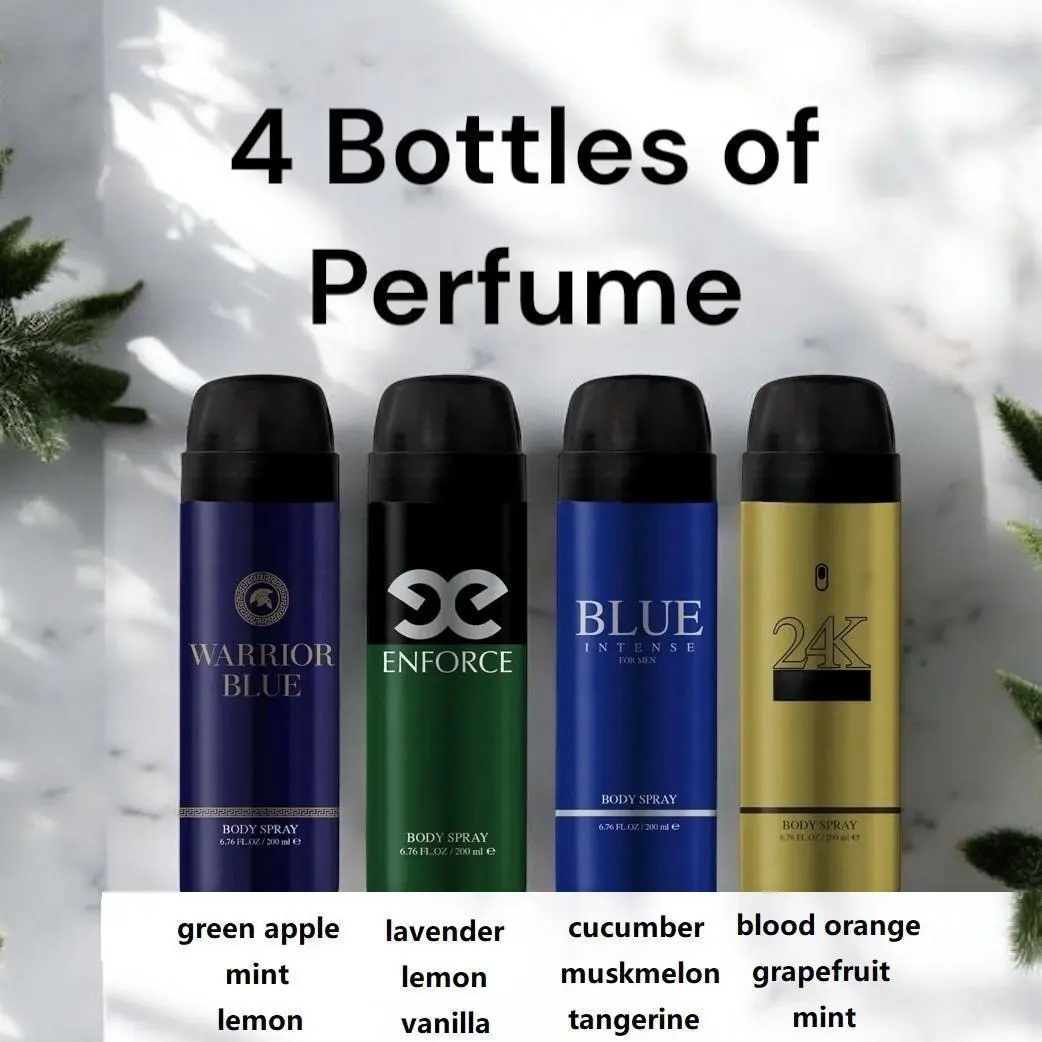 Men's 4-Piece Fragrance Gift Set Pack - Citrus Fruity Notes, Regular Ed., 6.7 oz Glass Bottles, Adults, Warrior Blue, Enforce, Blue Intense & 24 Golden Scents, Non-Aerosol Body Fragrances, Contains Neither Aerosols