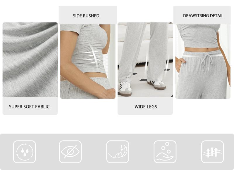 FireSwan Women's Solid Short Sleeve Two Piece Set, Drawstring Wide Leg Sweatpants Ruched Crop Top Matching Set Casual Outfits Pajamas，Ladies Fall Matching Sets Going Out