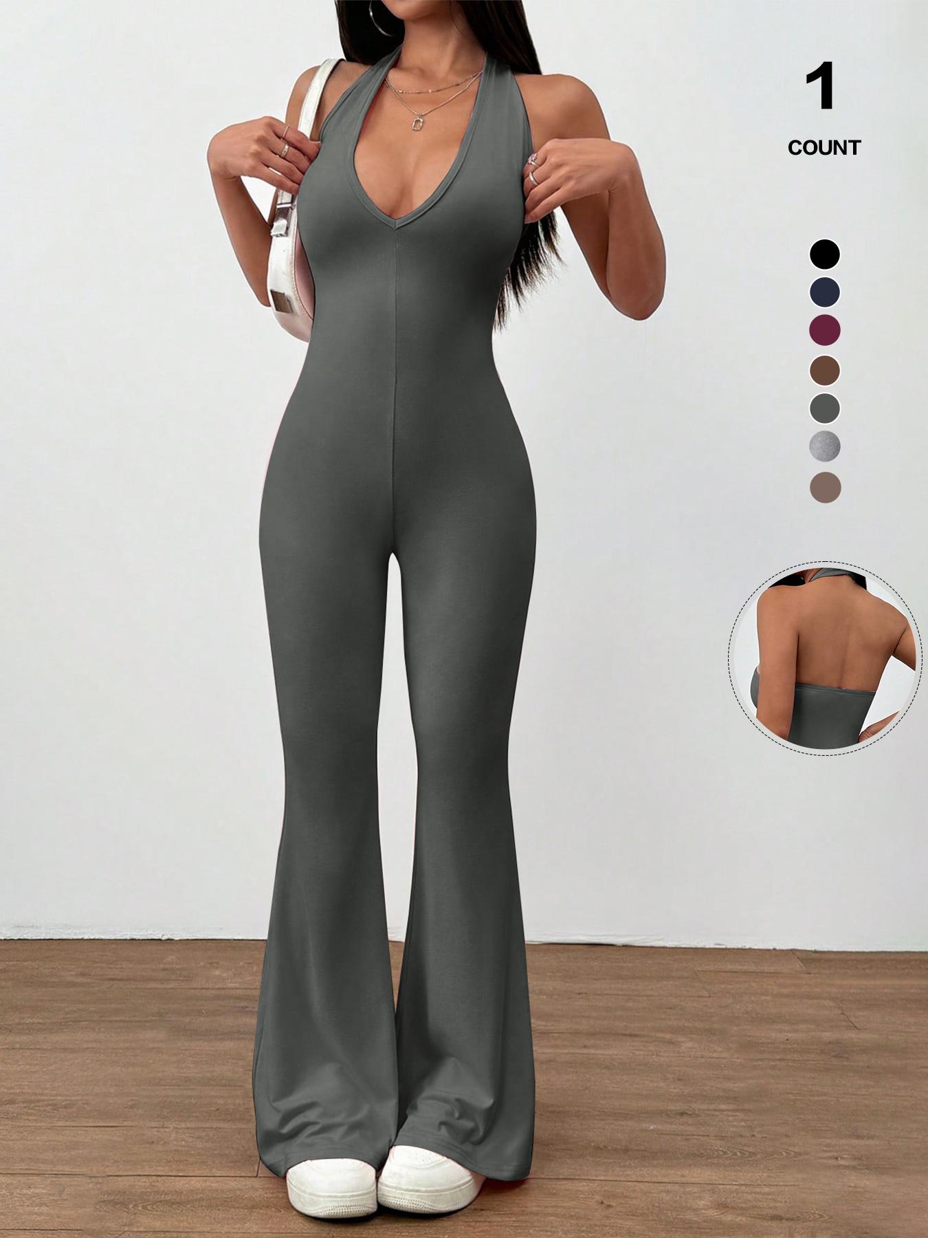 Women's Halter Neck Jumpsuit, Sleeveless Deep V Backless Chic Design, Flare Leg Romper for Casual Wear