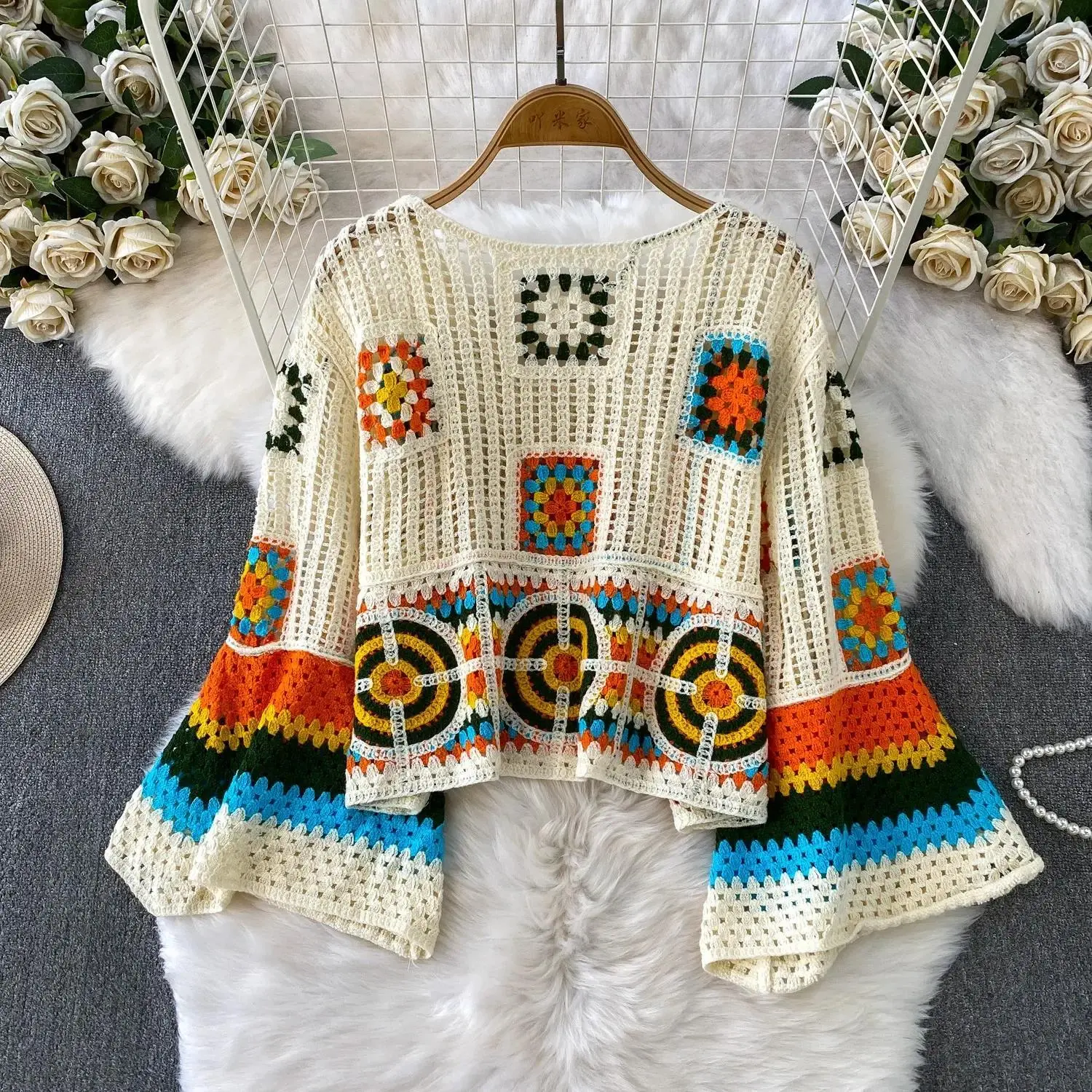 Granny Square Crochet Sweater Women Colorful Open-Knit Pullover Bell Sleeve Crop Top Retro Boho Hippie Festival Summer Cover-up