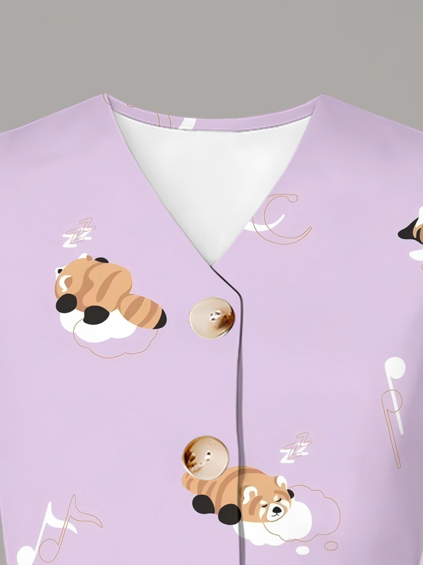 Spring & Fall Casual Set, Light Panda Note V-Neck Vest + Elastic Waist Wide Leg Pants Two-Piece Suit, Sleeveless, Natural Waist