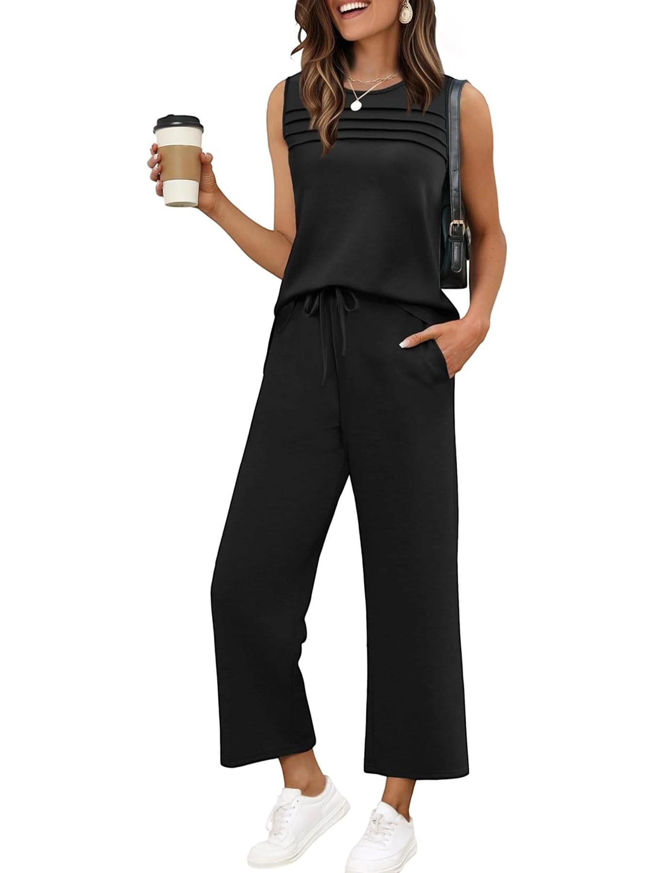 Women's 2 Piece Summer Outfit, Fitted Sleeveless Crewneck Tank Top with Shadow Stripes and High Waist Drawstring Wide Leg Pants with Pockets, Casual Lounge Set