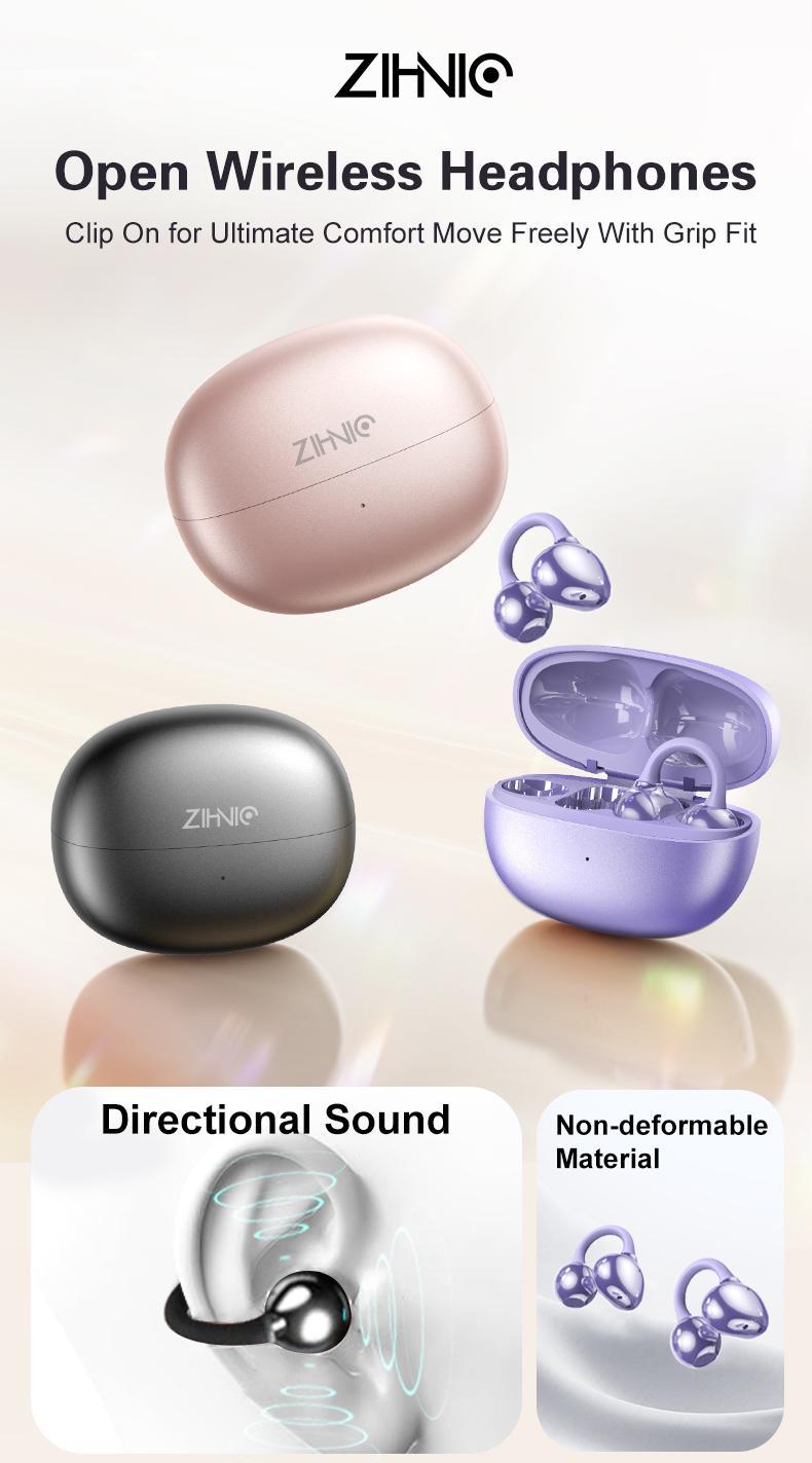ZIHNIC M108 Clip-on Earbuds Open Ear Earbuds Wireless Bluetooth 5.4  Lightweight Open Ear Headphones with C-Shaped Bridge Slim Hook 50H Battery Waterproof for Glasses Wearers and Workouts Headset Audio