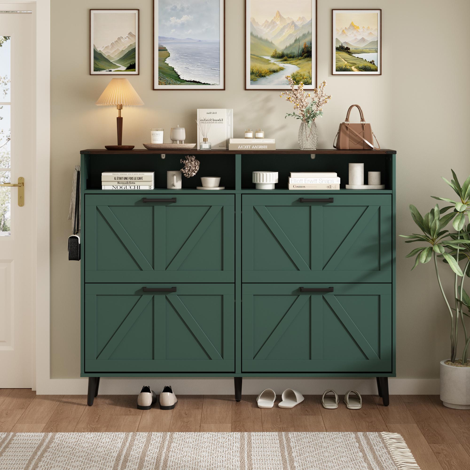 PieDle Furniture Shoe Storage Cabinet,Farmhouse Shoe Organizer with 2-4 Flip Drawers & Barn Door Design,Freestanding Hidden Slim Narrow Shoe Rack Cabinet with Open Storage for Entryway, Foyer,Hallway