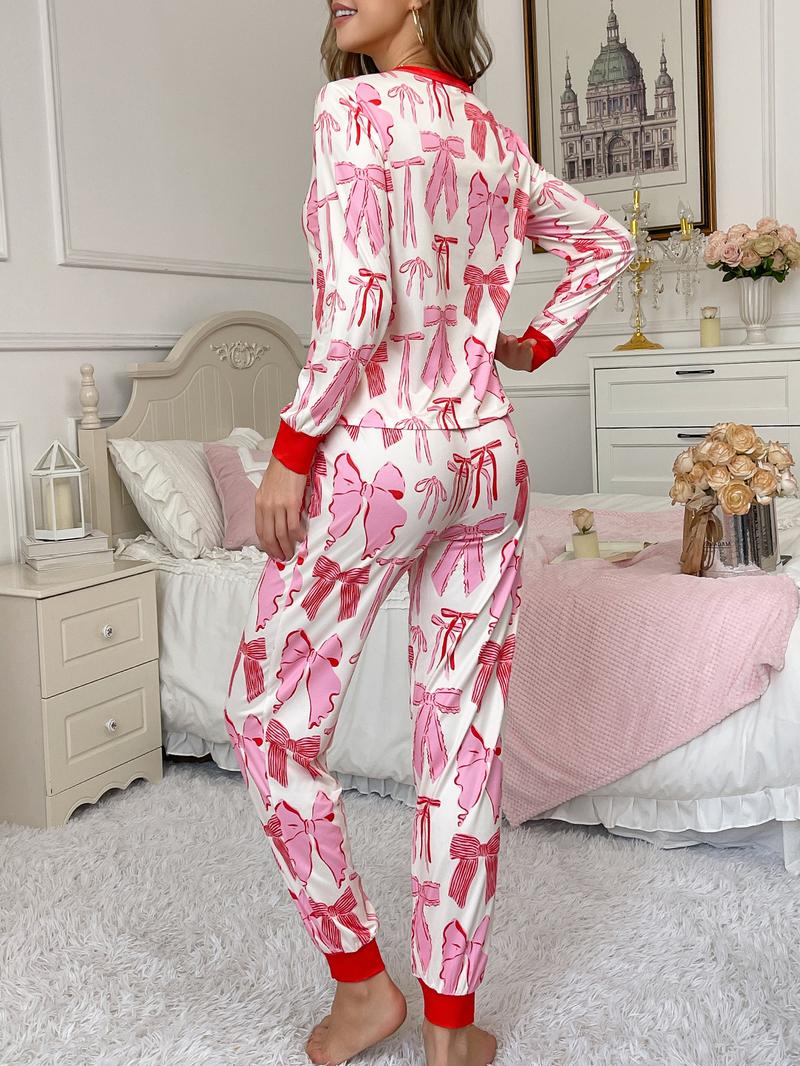 2-piece women's full body graffiti pink bow pattern printed long sleeved pants soft and comfortable round neck top elastic waistband bow decoration suitable for all seasons home casual wear pajamas Pajama Set