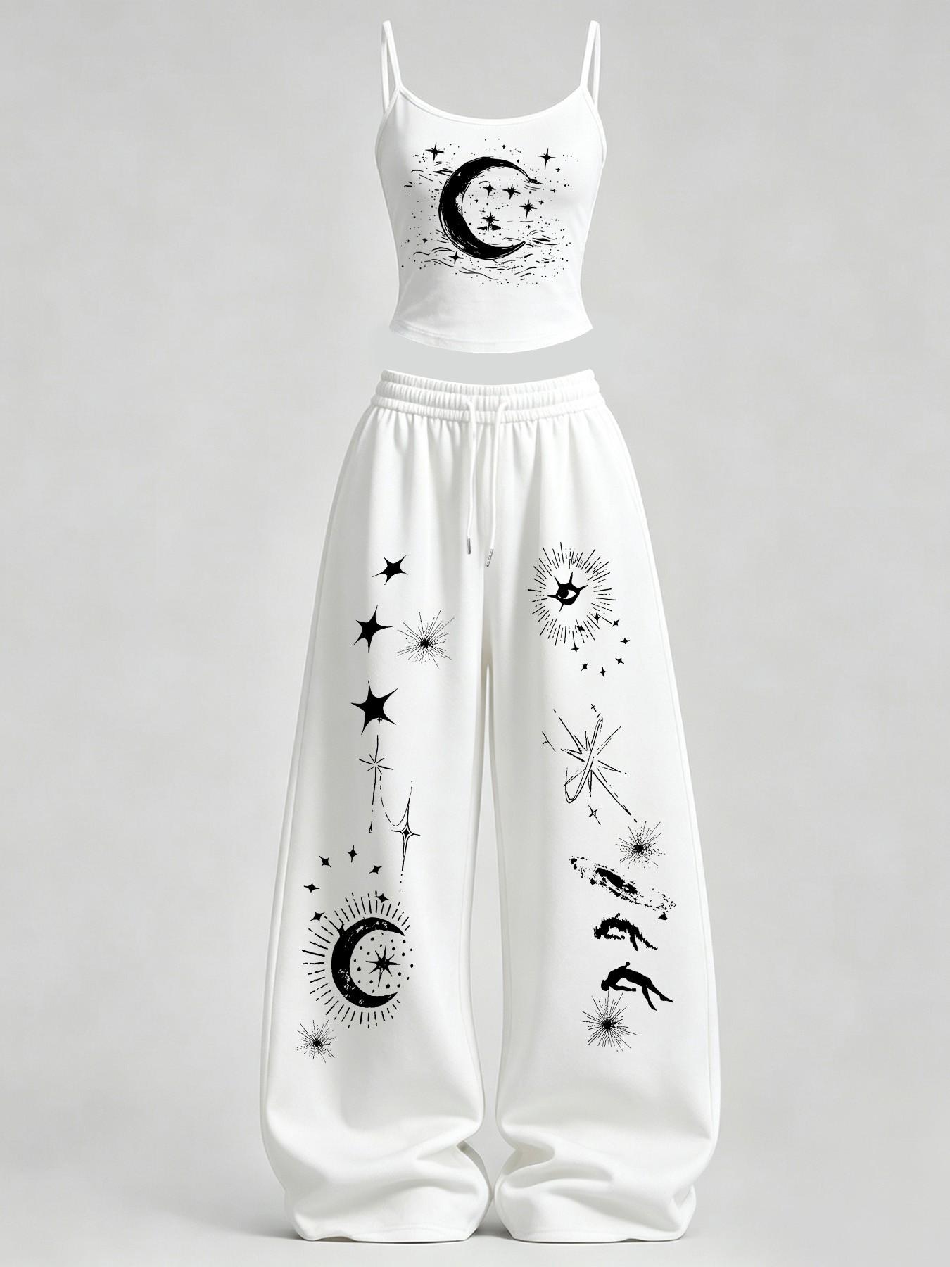 Women's Casual Home Wear Set, Star Moon Print Slim Fit Top + Loose Baggy Pants, Y2K Street Style, for Daily Commute, Campus, Home Relaxation Women's Casual Home Wear Set, Star Moon Print Slim Fit Top + Loose Baggy Pants, Y2K Street Style, for Daily Commute, Campus, Home Relaxation