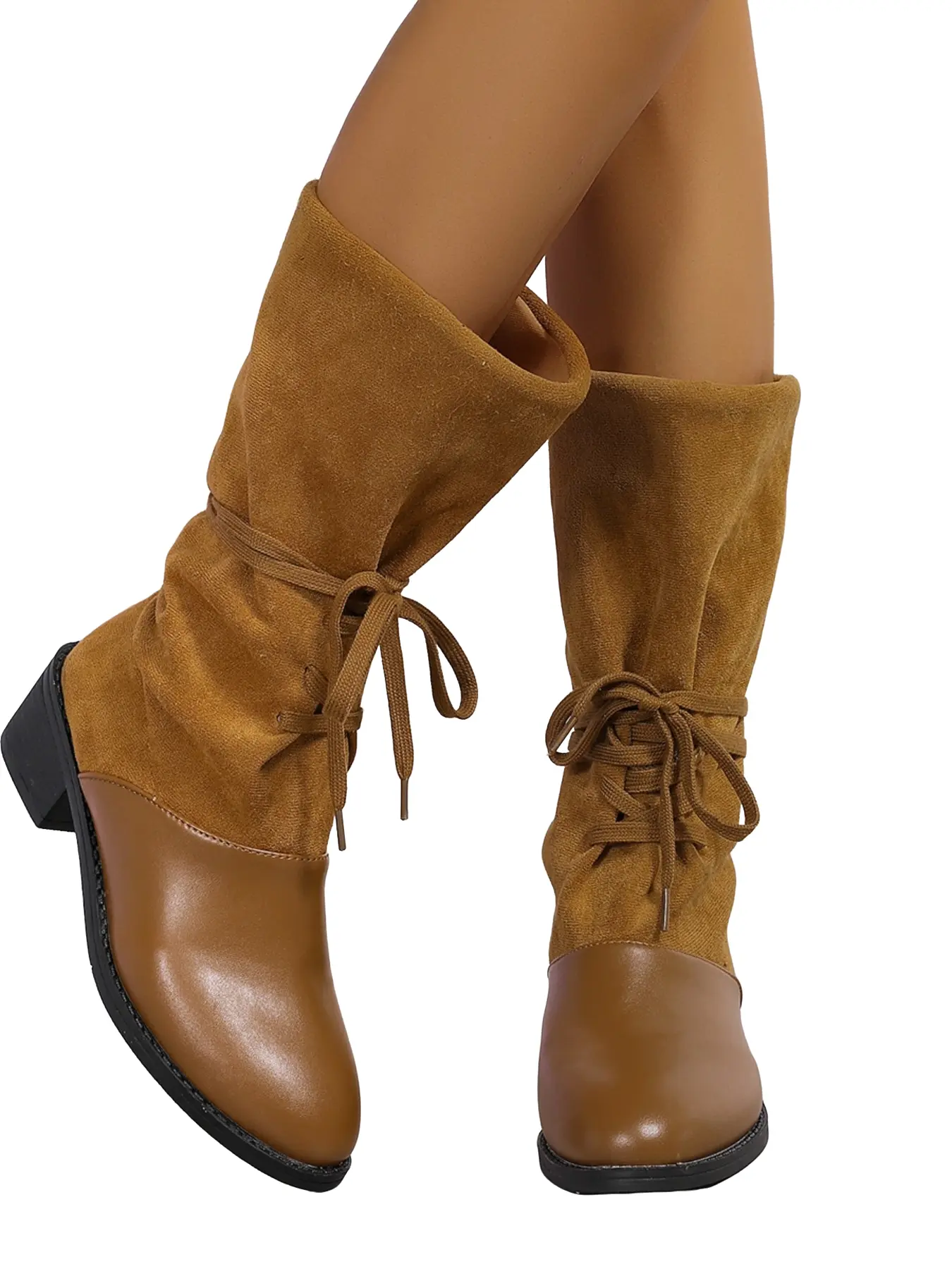 Vintage Patchwork Velvet Mid-Calf Boots for Women, Back Tie Stack Heel Short Boots, Fall Winter Versatile Slimming Boots