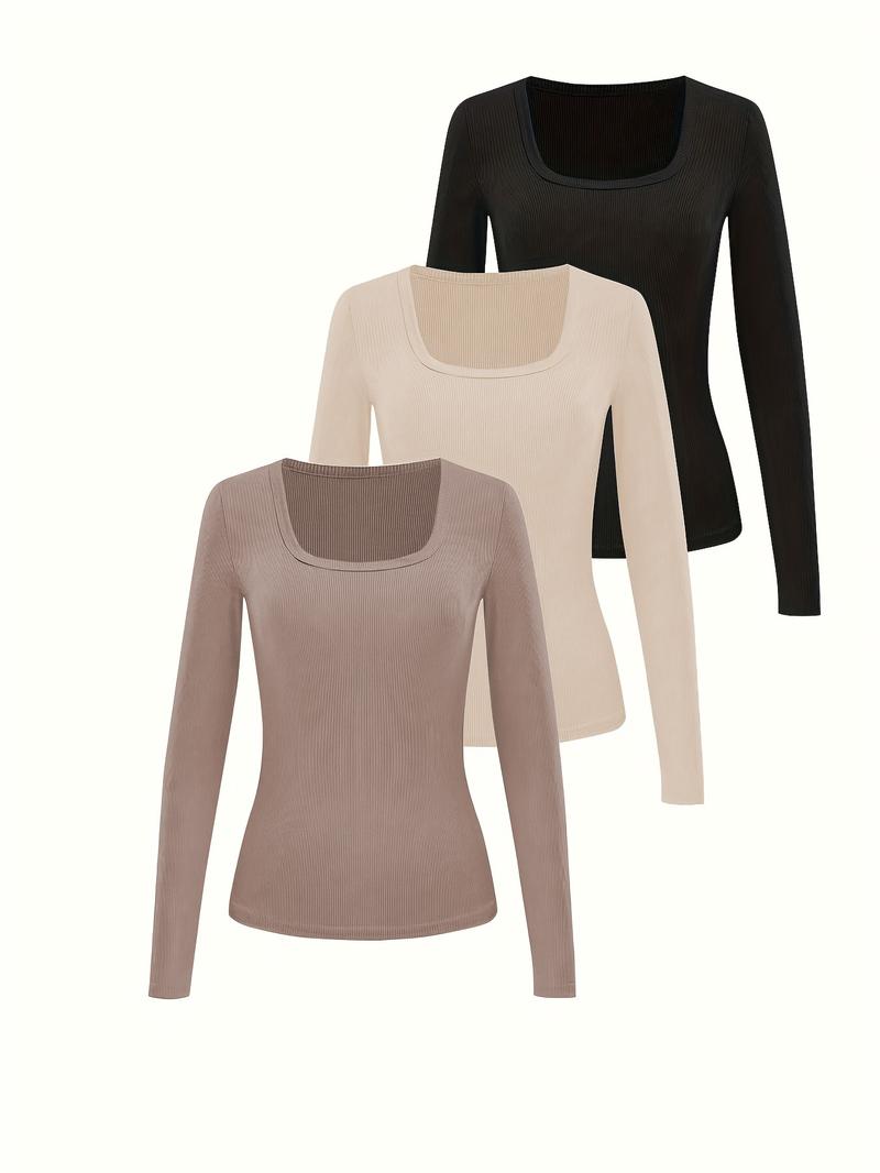 Women's Plaid Slim-Fitting Long Sleeve T-Shirt Set, Casual Basic Homewear Top, Spring & Fall Fashion, Daily Wear, 3 Pieces