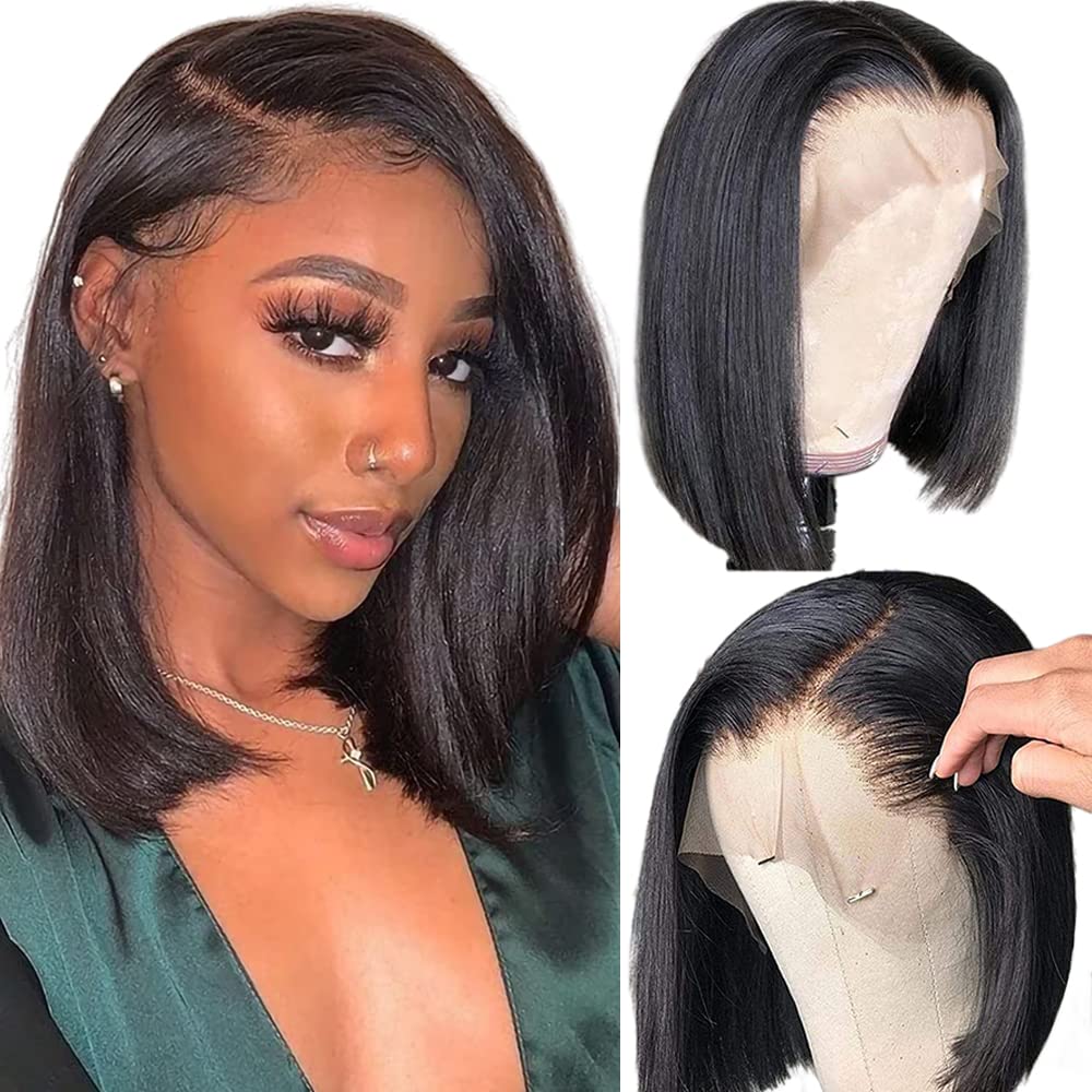 Glueless Staight Short Bob Wig 5x5 Pre Plucked Hairline Pre-Cut  Lace Wig 180% Density HD Transparent Lace Closure Wigs Human Hair for Black Women Short Straight Bob Wigs No Glue Lace Closure Wigs Beginner Friendly Gift for Girlfriend/Wife/FamilySpringtok