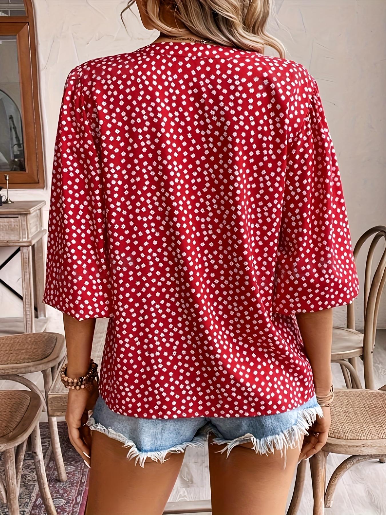 A women's fashionable versatile casual red floral V-neck lantern sleeve shirt, suitable for summer, daily casual wear, vacation, and commuting.