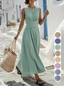 Elegant Sleeveless Round-Neck Vacation Dress, Relaxed Minimalist Long Beach Dress, Simple Summer Travel Dress, Daily Casual Plain Dress, Style FF2632