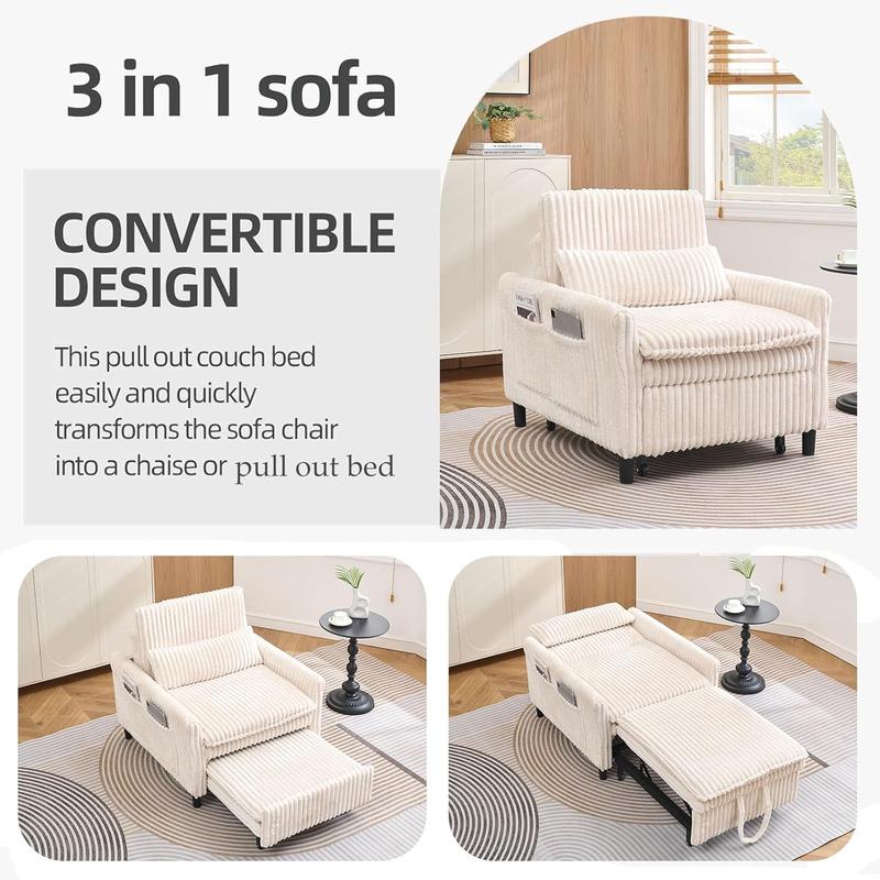 3 in 1 Convertible Sleeper Chair, Pull Out Sofa Bed with Adjustable Backrest & Storage Pockets, Recliner Chair Bed, Modern Corduroy Chaise Lounge for Bedroom Living Room Small Space (Beige) 3 in 1 Convertible Sleeper Chair, Pull Out Sofa Bed with Adjustable Backrest & Storage Pockets, Recliner Chair Bed, Modern Corduroy Chaise Lounge for Bedroom Living Room Small Space (Beige)