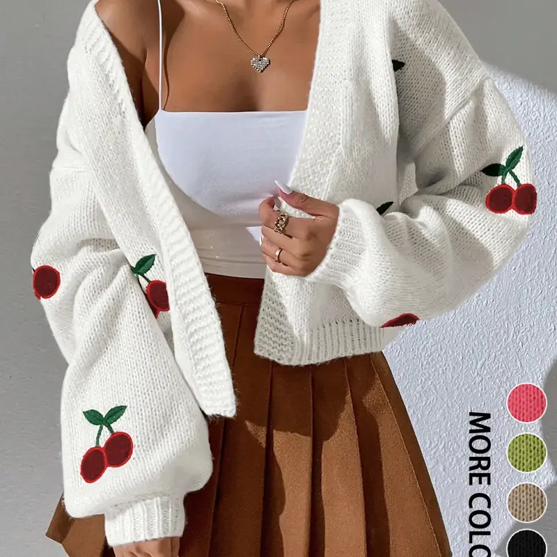 Women's Cherry Embroidery Sweater Cardigan, Casual Long Sleeve Open Front Knit Cardigan for Spring & Fall, Fashion Women's Knit Clothing for Daily Wear, Tops