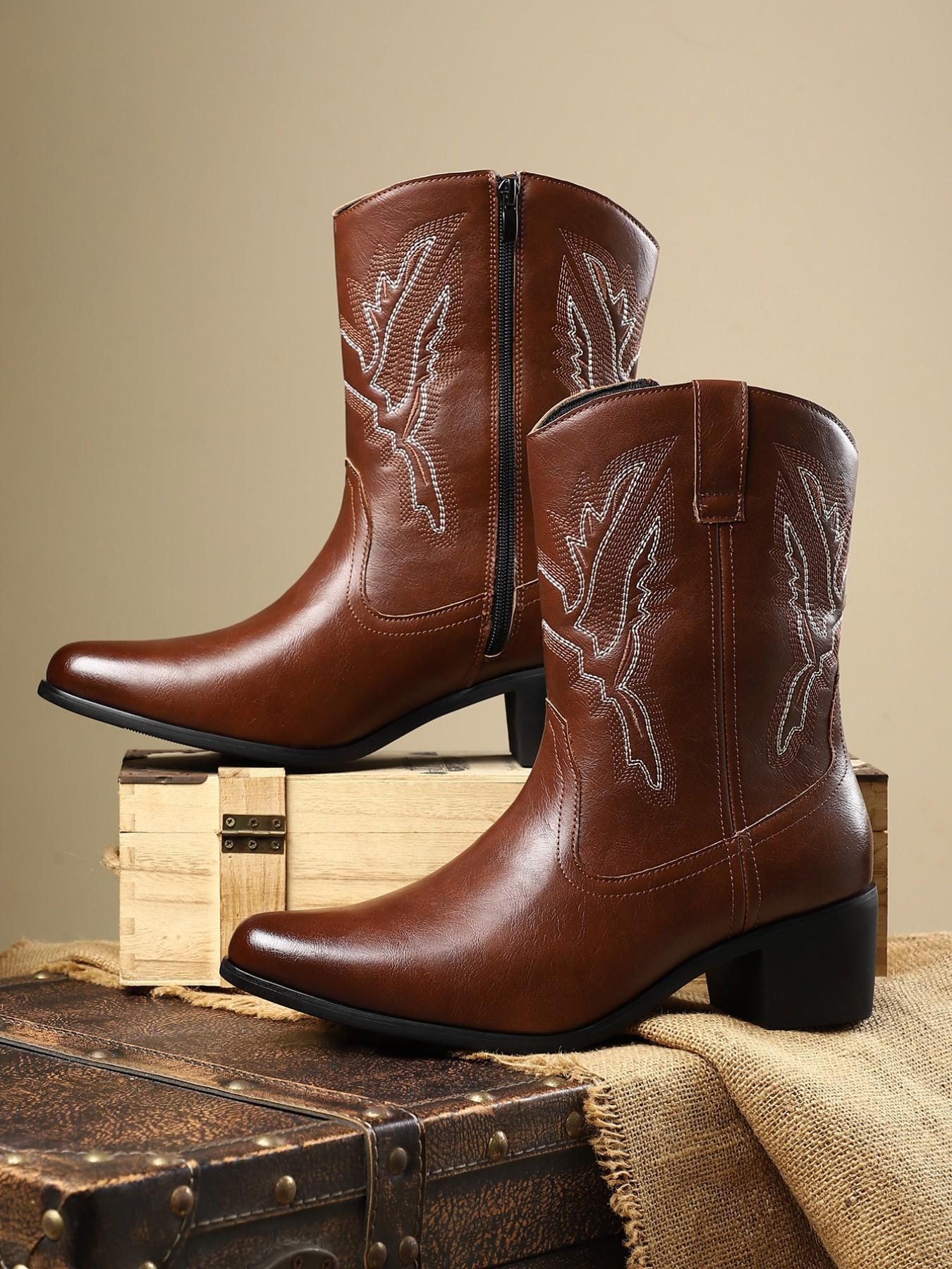 Men's Denim Boots Daily Embroidery Casual Low Heel Rubber Sole, Patchwork PU Upper, Mid-Calf Height, All Seasons Wear