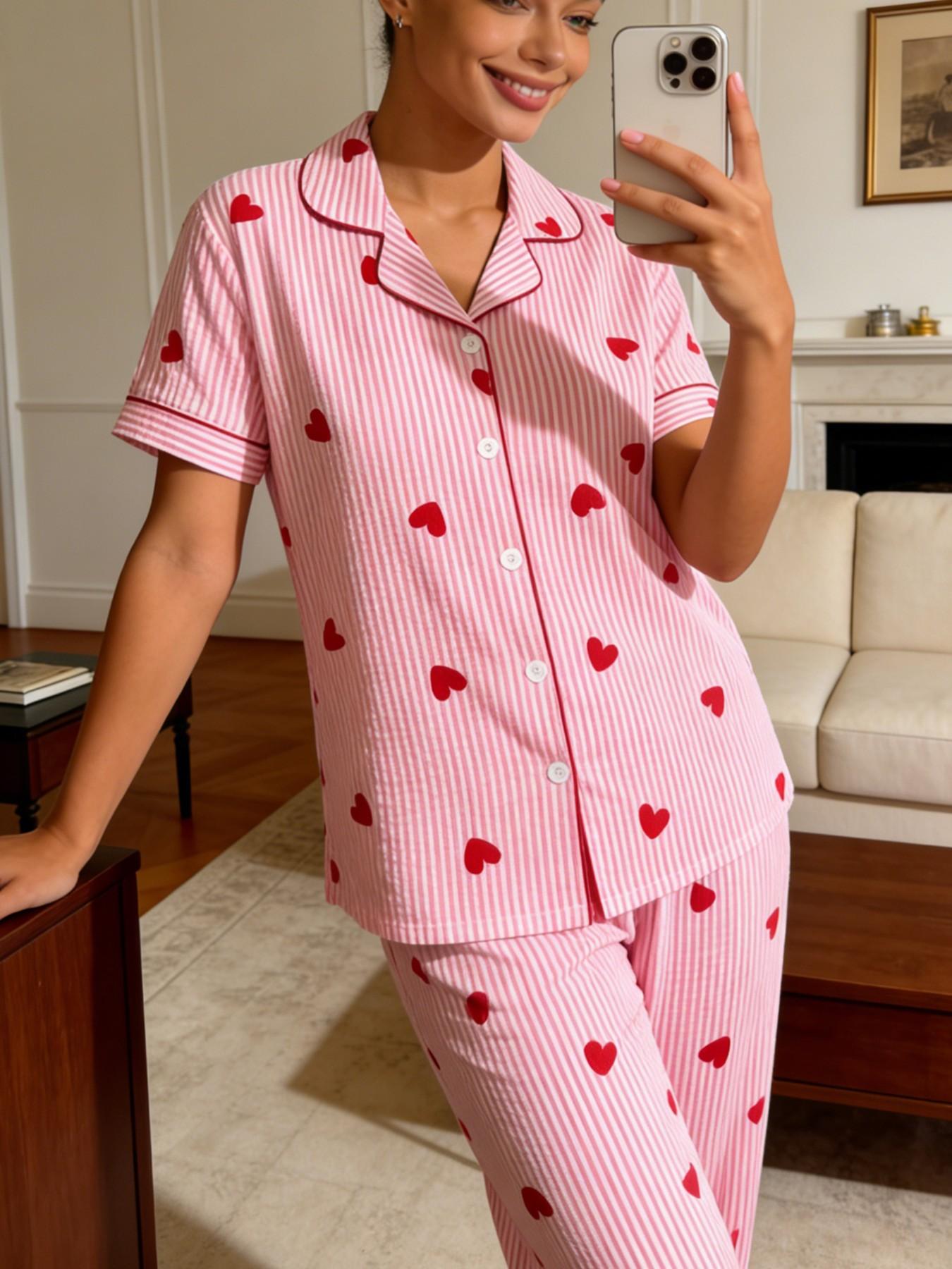 Women's Short Sleeve Long Pants Cardigan Pajama Set, Stripe Heart Full Print, Casual Slim Fit Home Wear, Loungewear, Nightwear, All Seasons
