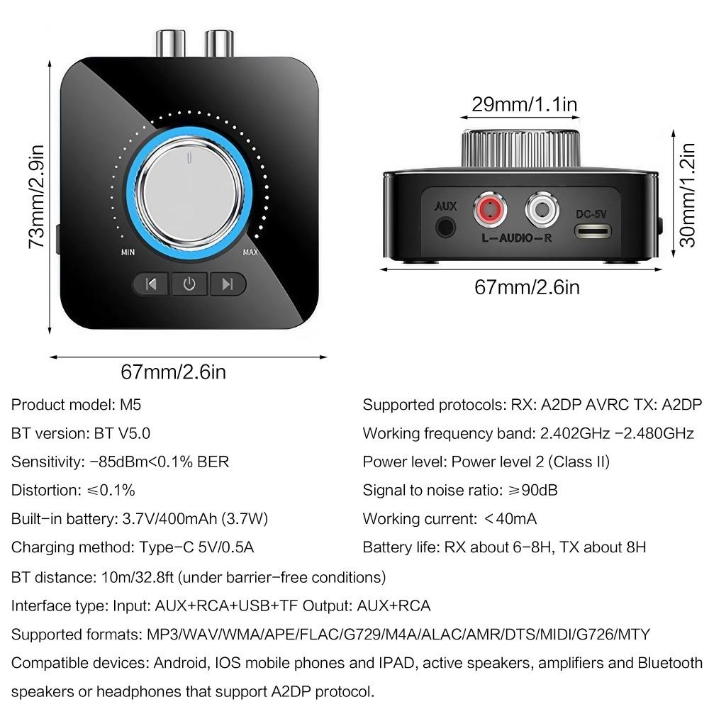 Low Latency Stereo Bluetooth Audio Receiver with 3D Surround Sound, Wireless Adapter & Multi-Function Converter for Vintage Speakers & Car Audio Systems, AUX Input, 3.5mm RCA Output, Tf Card Playback