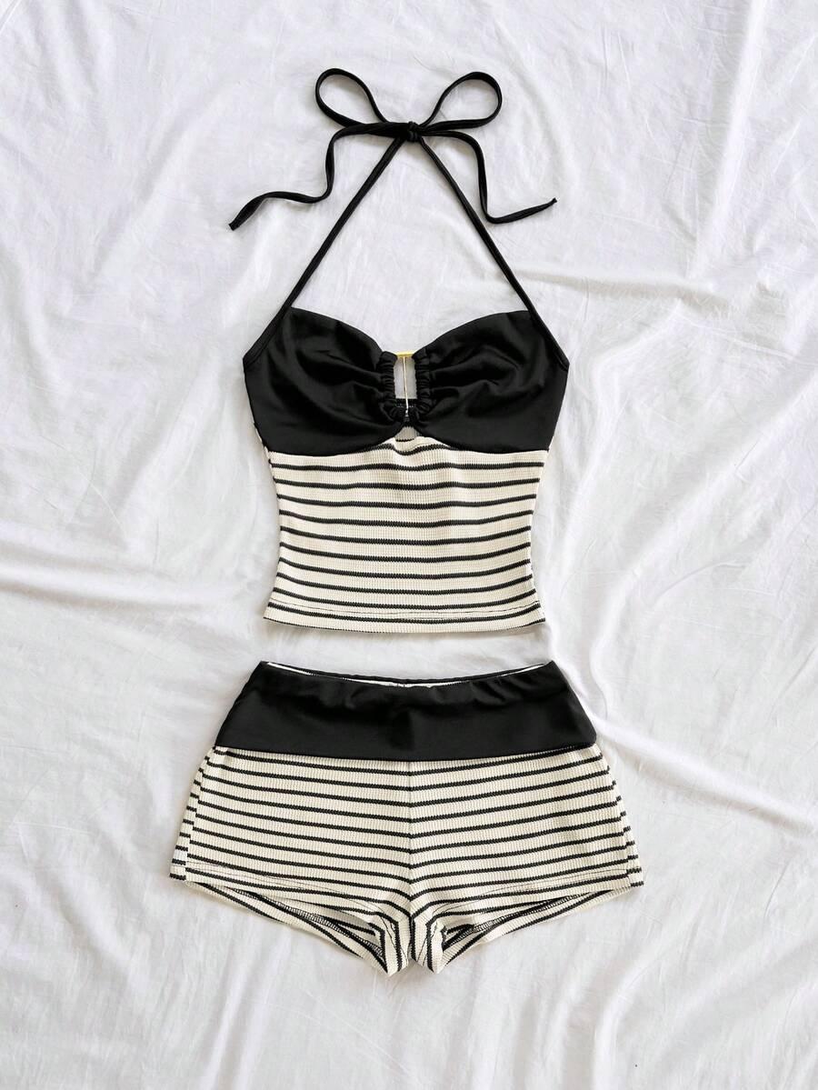 2-Piece Striped Knit Crop Top & Shorts Set, Boho Matching Set, Boho Style, Party Wear, Valentine's Day, Date Night, Beach, Fall Fashion, Beach Outfits Set
