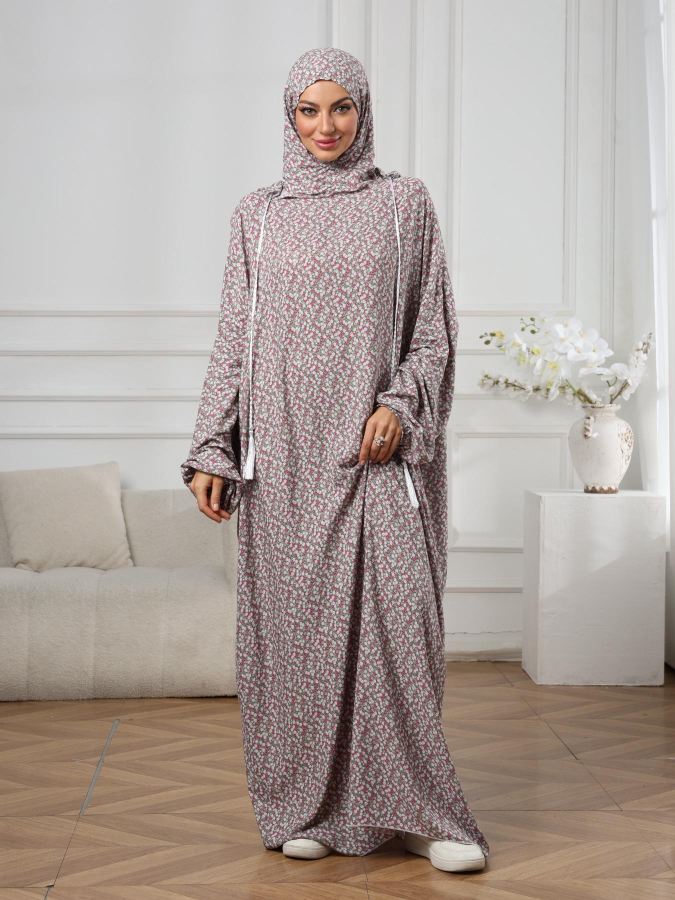 Middle East Fall Winter Hooded Drawstring Plus Size Fashion Floral Dress, Loose Fit Long Lantern Sleeves, Modest Style Dress, Modest Casual Wear, Hooded Arabian Dress, Muslim Women Gowns