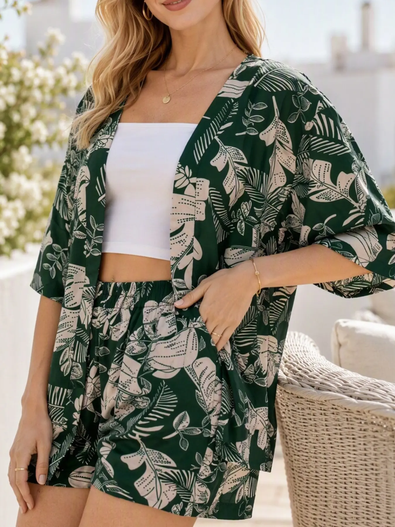 Vintage Tropical Banana Leaf Print Three-Piece Set, Short Sleeve Cardigan + Tank Top + Elastic Waist Shorts, Casual Resort