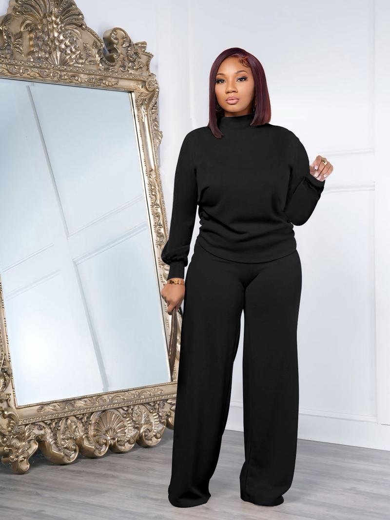 USBoutiqueCHIC Women's Chic Fall Winter Silky Soft 2-Piece Set - Long Sleeve Semi High Neck Loose Top & Wide Leg Pants, Casual Cozy Outfit for Daily Wear