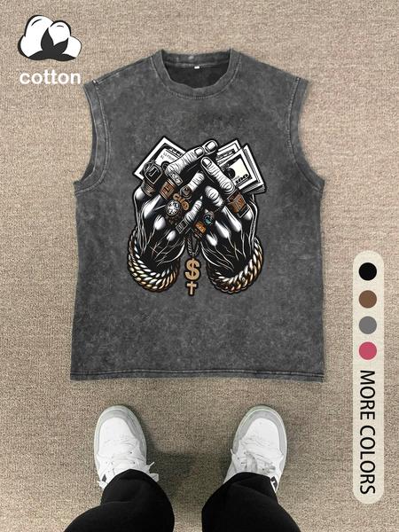 Men's Vintage Graphic Print Round Neck Tank Top, Regular Fit Casual Fashion Sleeveless Top for Summer, Men's Clothes for Daily Wear, Socks