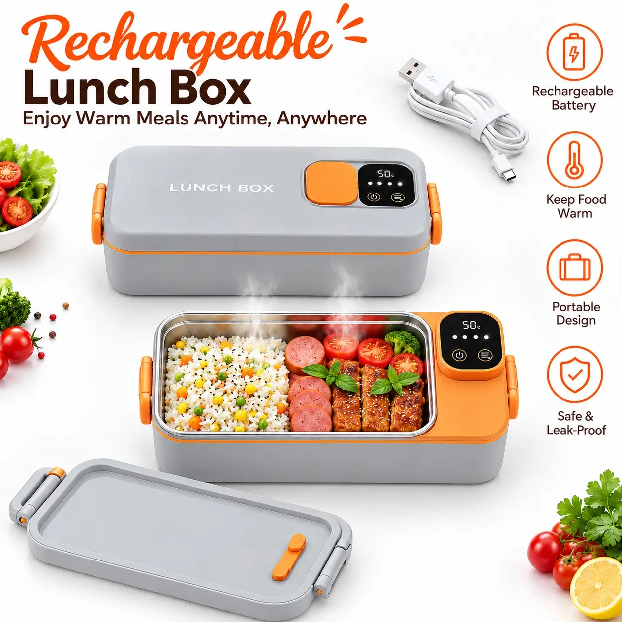 AOFEN Portable Lunch Box, featuring a convenient timer controller, 7200mAh battery, 23.67-ounce capacity, 6 temperature settings, unisex design, adult bento box, insulated lunch bag, covered snack box, meal prep box, and heated lunch box