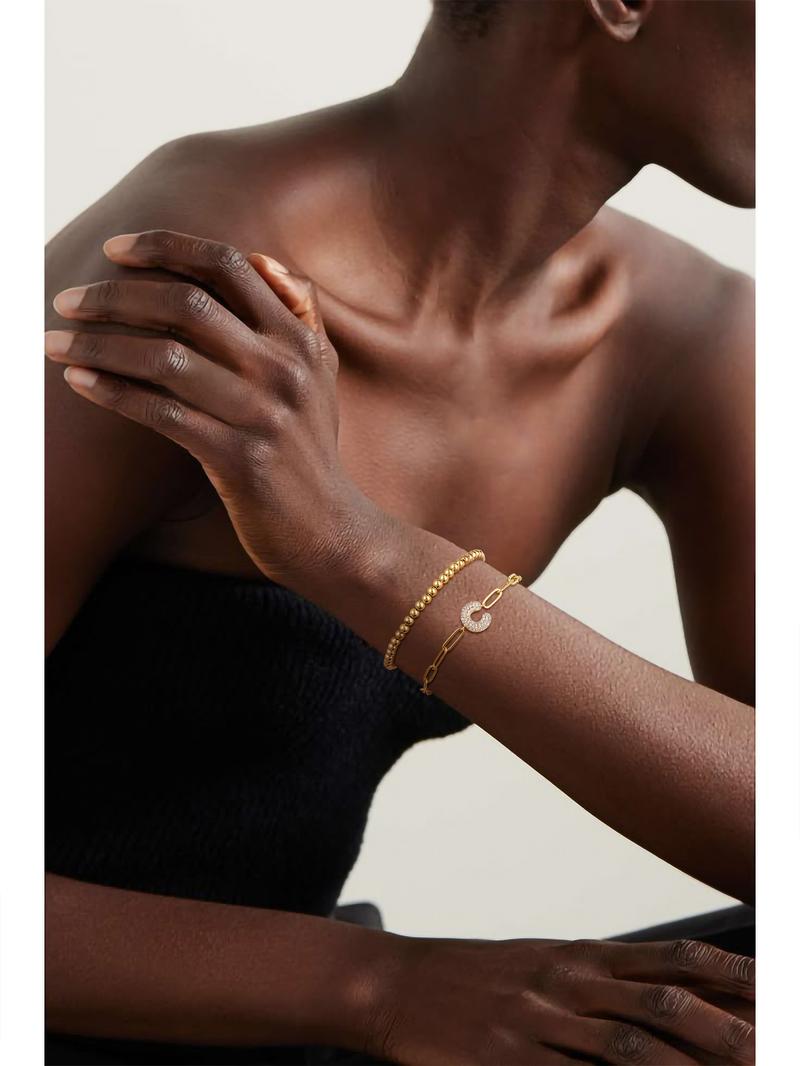 26 Letter Layered Bracelet for Women - Trendy Cubic Zirconia A-Z beaded Initial Bubble Letter Bracelet with adjustable paper clip chain Bracelet for women gifts exquisite