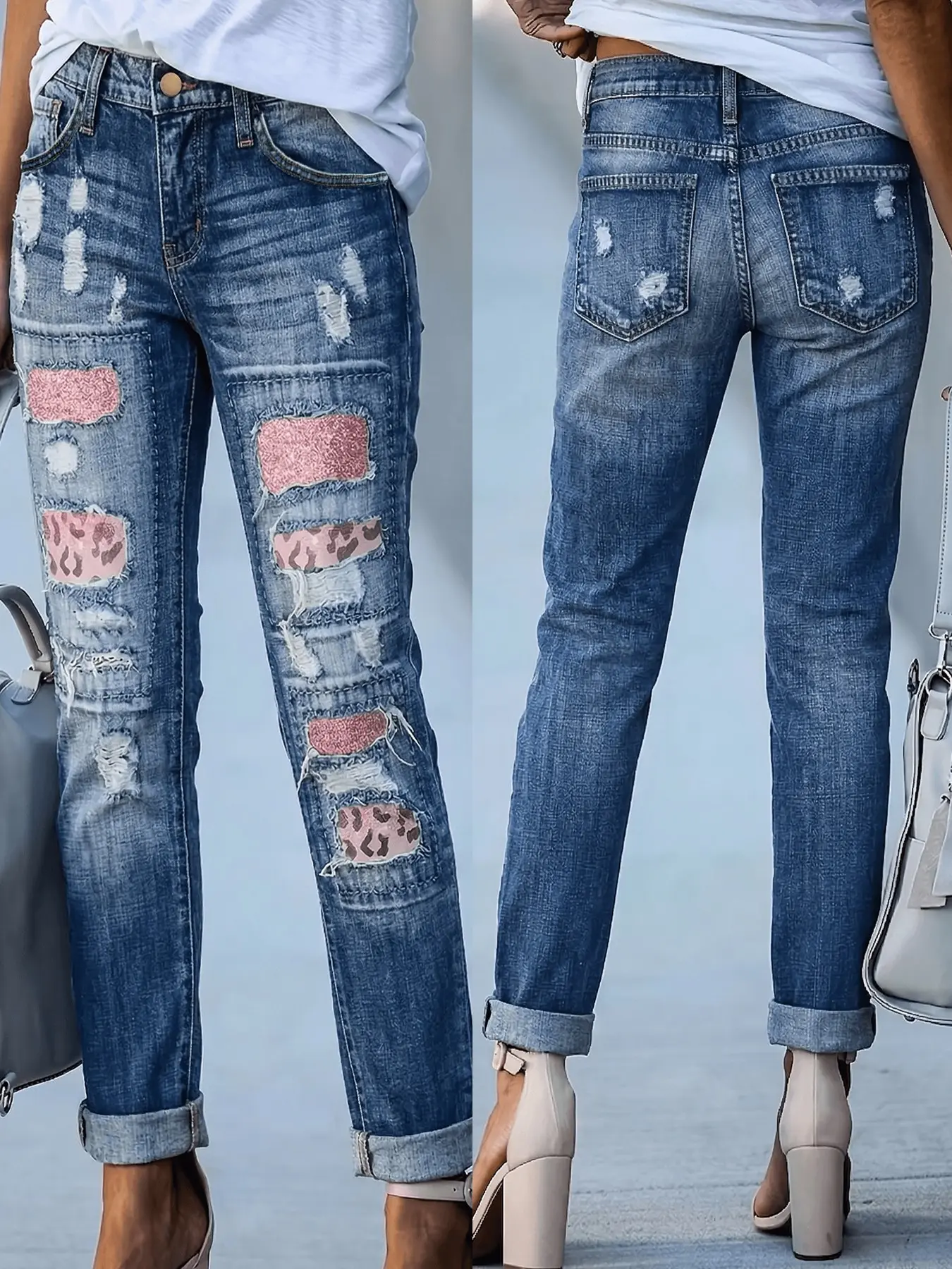 Women's Vintage Style Jeans, Leopard Print and Sequin Patchwork, Casual Streetwear, Slim Fit Denim Jeans, Spring/summer Fashion