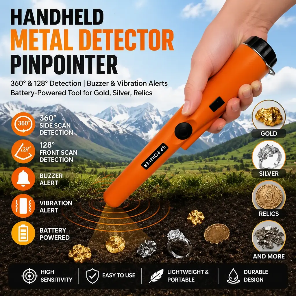 Handheld Metal Detector Pinpointer for Metal Finding, 360° & 128° Detection, Buzzer & Vibration Alerts, Battery-Powered Tool for Gold, Silver, Relics