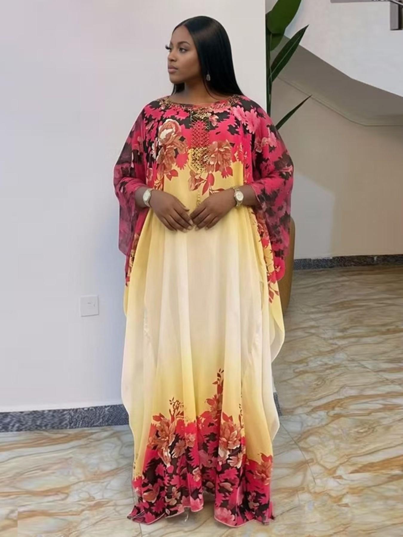 African Style Boho Gradient Print Chiffon Two-Piece Dress, Loose Fit Batwing Sleeve Long Gown, Muslim Commute Vacation Slimming Robe African Dress For Women With Headscarf, Classy Modest Dresses