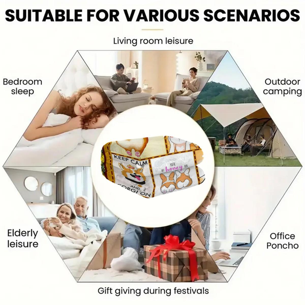 Cute Corgi Patchwork Flannel Blanket, Multifunctional Camping Travel Throw, Room Decoration Blanket, All Seasons Gift Blanket