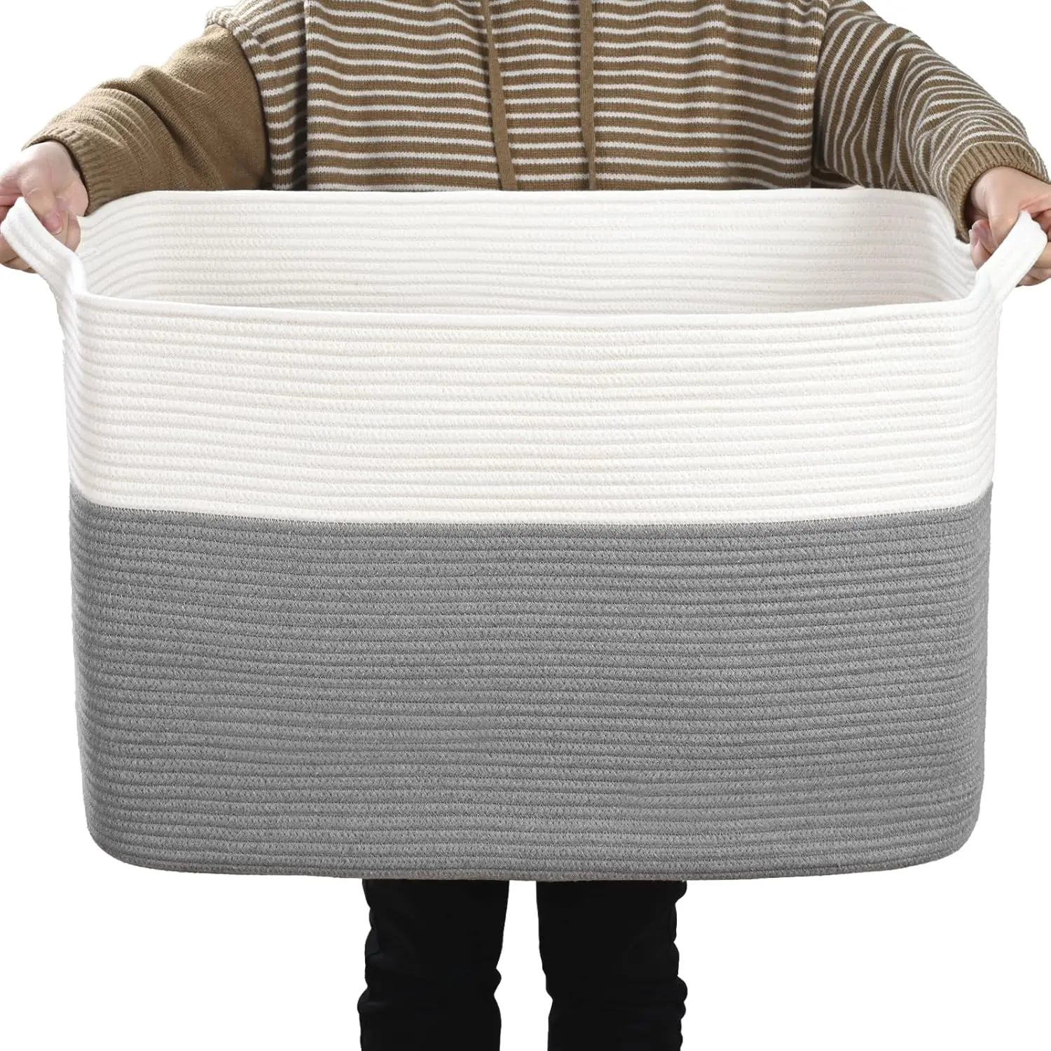 Large Blanket Basket, 100L Storage Baskets for Organizing, Woven Laundry Basket for Blankets, Cotton rope Blanket Storage for Living Room, Nursery Room, 24.8" L x 15.74" W x 15.74" H, Gray