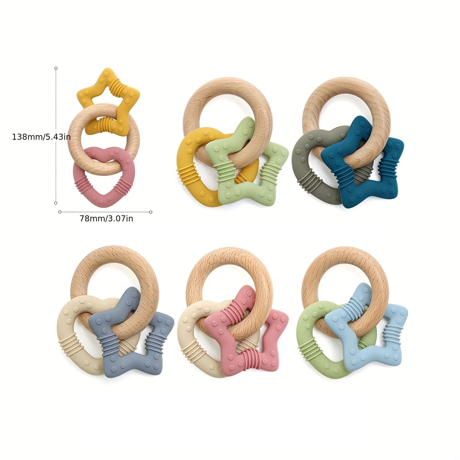 Baby Silicone Wooden Teething Toy, Heart Star Multi Texture Chewable, Infant Soothing Teether, Anti-Sucking Educational Rattle Gift