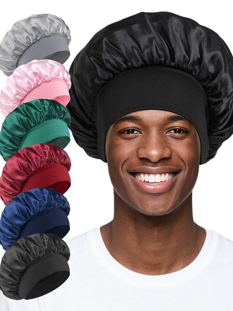 6 Pieces Pack,  Men's Bonnet Set, Pure Color Satin Sleep Cap, Unisex Casual Comfortable Home Use, Soft Silk-Like Material