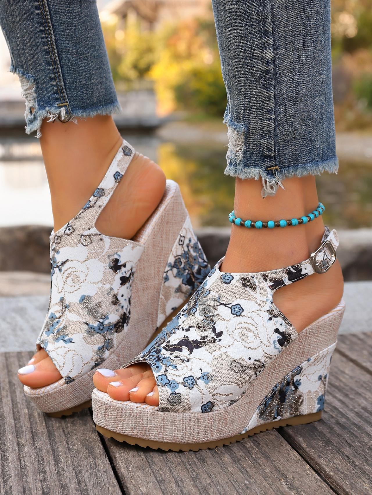 Women's Chinese Style Plum Blossom Printed Wedge Sandals, Summer Retro Platform Elevated Buckle Open-Toe Vacation Roman Shoes