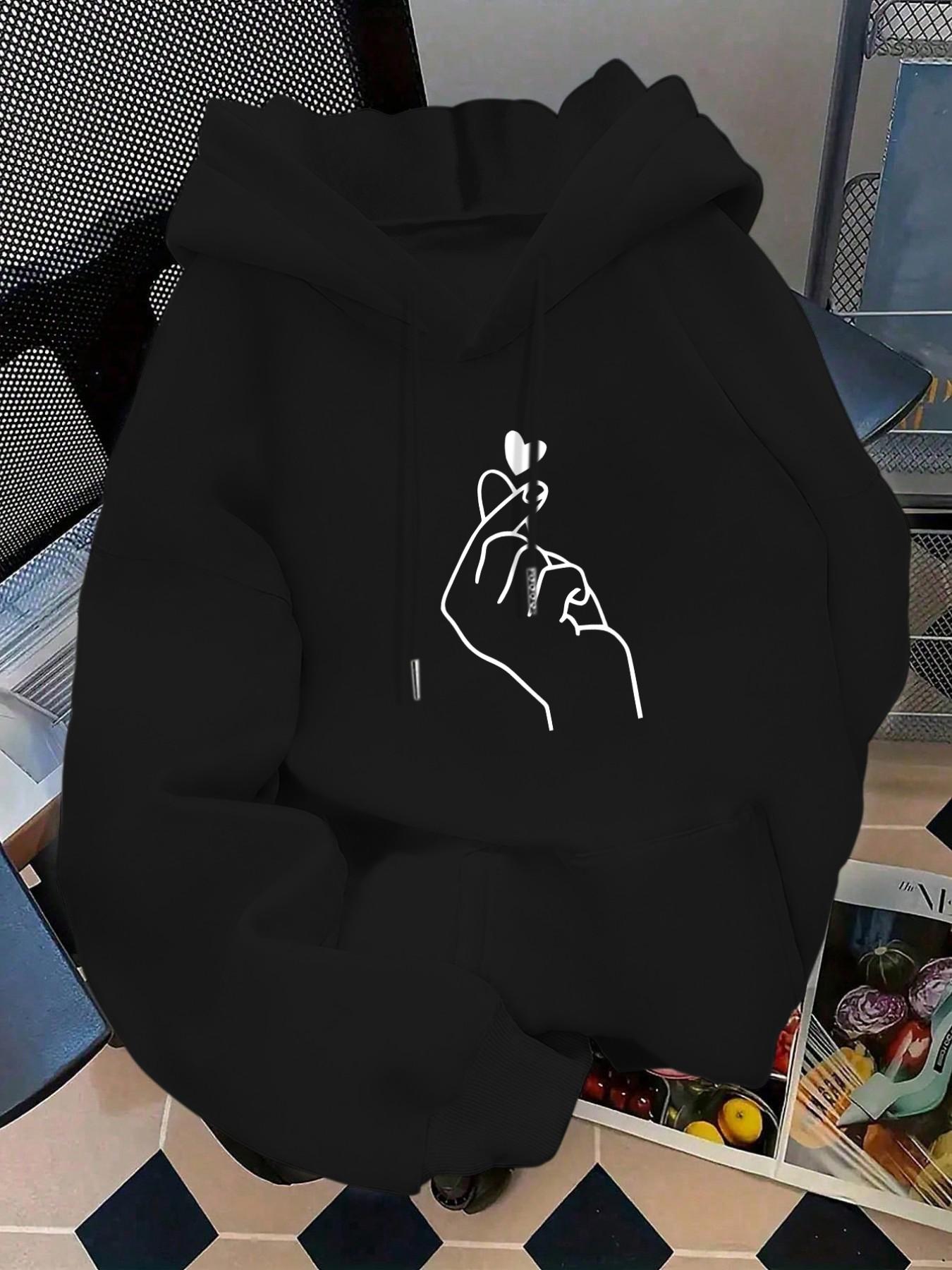 Women's Fashion Graphic Hooded Sweatshirt, Valentine's Day Heart Print Pullover, Kangaroo Pocket, Long Sleeve, Fitted, Casual Fall & Winter Wear