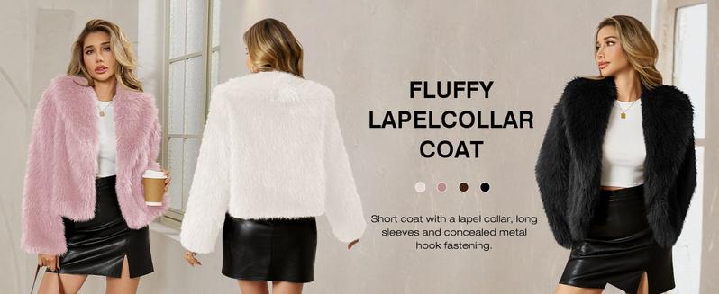 Tankaneo Womens Faux Fur Jacket Cropped Winter Fall Shaggy Coats Long Sleeve Fluffy Short Coat Fuzzy Outerwear