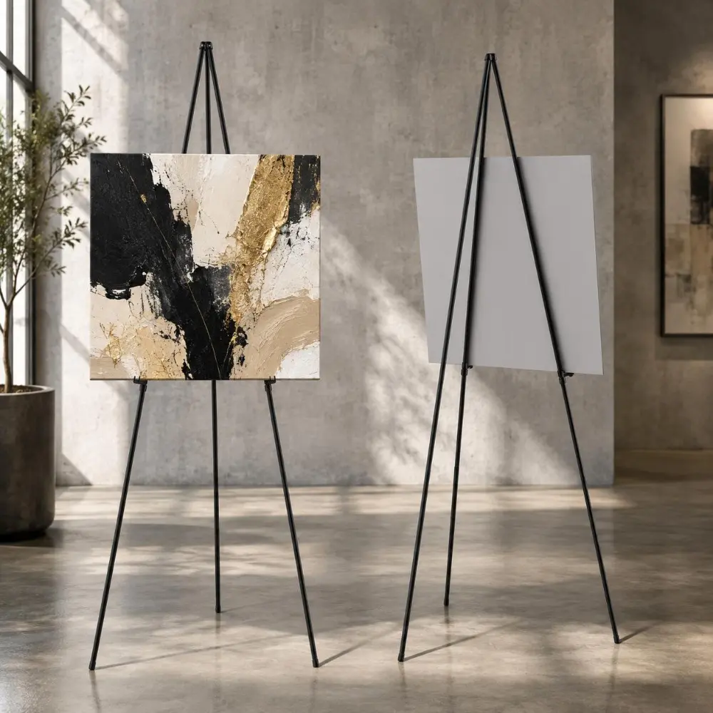 Adjustable Metal Tripod Easel Stand,168cm Foldable Display Stand with Anti-Slip Rubber Feet,Portable Poster and Sign Holder for Artwork,Wedding,Exhibitions,Classroom Presentations and Events,70-110cm Adjustable Width,37cm Compact Folded Size,White/ Black
