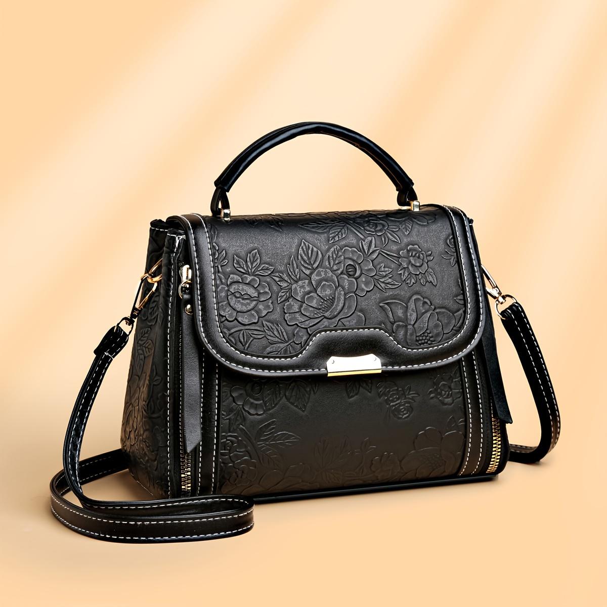 Ladies' Elegant Flower Embossed Handbag - Brown/Red/Black