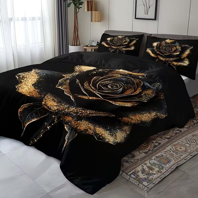 Gold Rose Print Bedding Set, 1 Duvet Cover + 2 Pillowcases, High-Definition Printing, Home & Dormitory Bed Linen