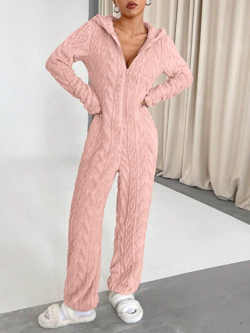 Elegant Women's Solid Color Wool Hooded Long Sleeve Deep V Sexy Jumpsuit, Slim-Fit Contemporary Style for All Seasons