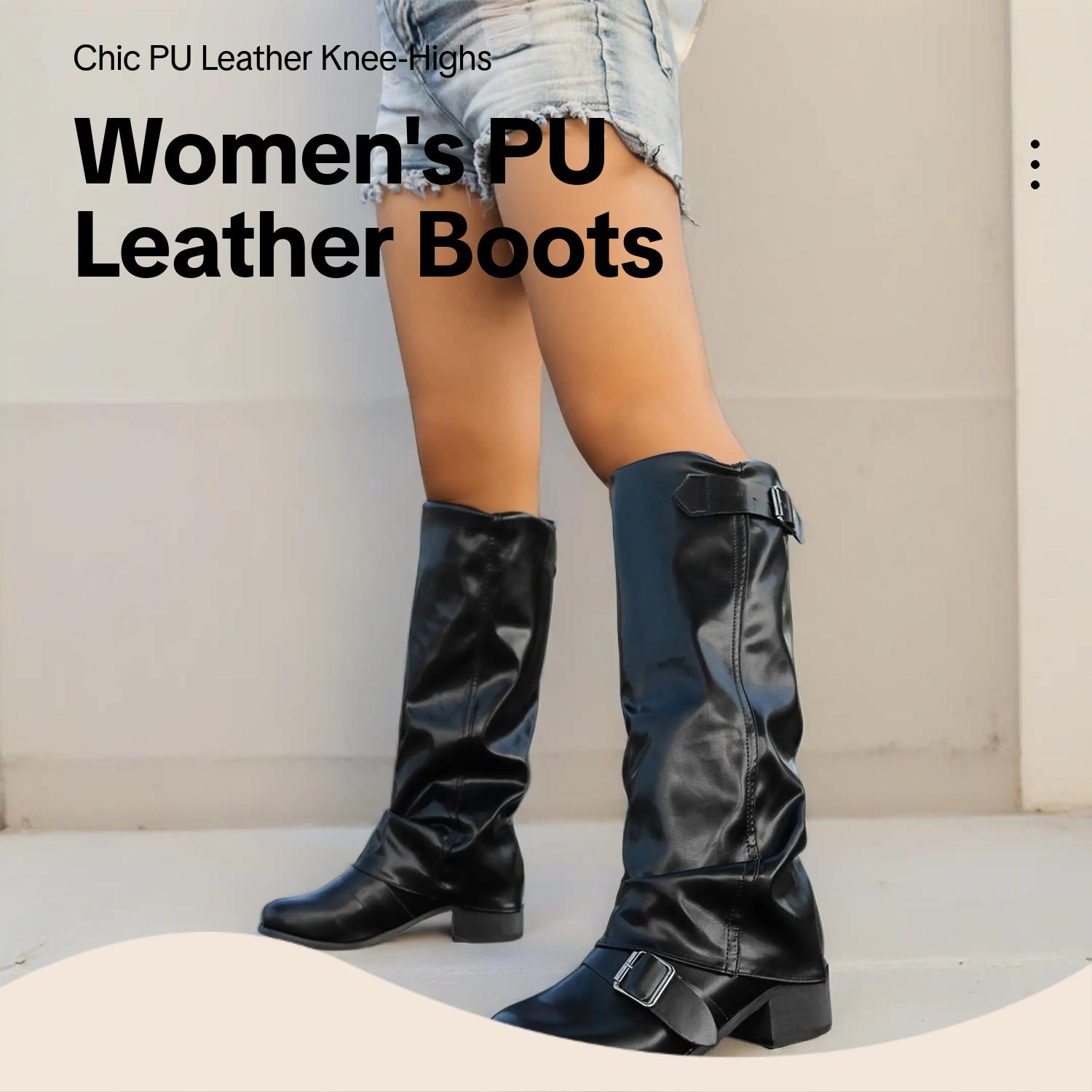 Women's Fashion Faux Leather Low Heel Boots, Casual Belted Knee High Boots, Round Toe Rubber Sole, Fall & Winter Style, Pull On Boots