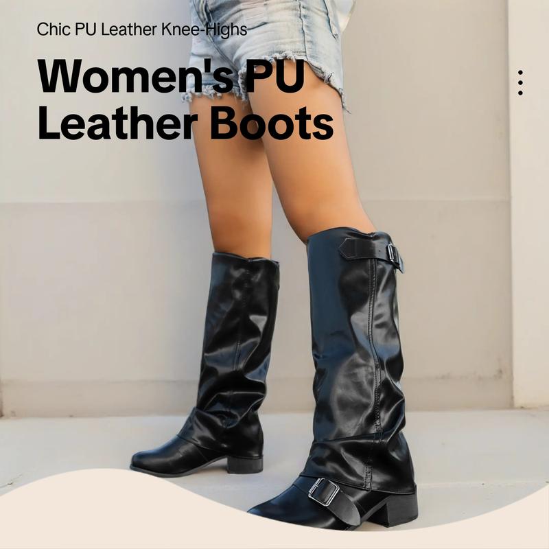 Women's Fashion Faux Leather Low Heel Boots, Casual Belted Knee High Boots, Round Toe Rubber Sole, Fall & Winter Style, Pull On Boots